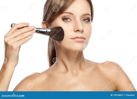 Beautiful Woman Holding Makeup Brush Stock Image Image Of Complexion