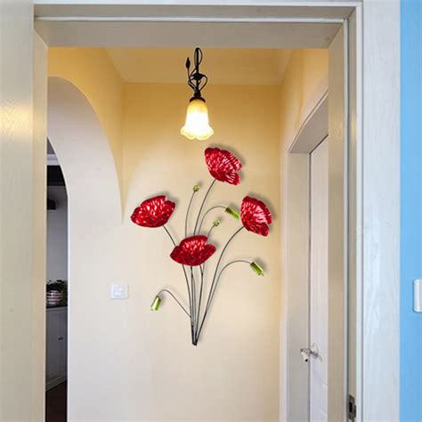 Red Poppy Flowers Metal Hanging Wall Art Ornament Sculpture Home Decor