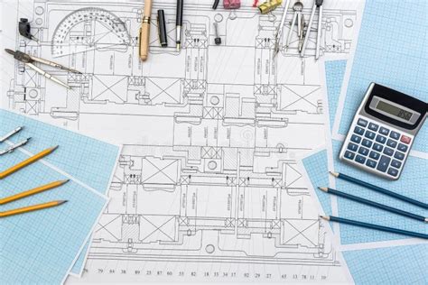 Paper With Technical Drawings And Work Tool On Table Place Of Work
