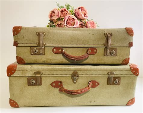 Set of 1930s Vintage Suitcases with Brown Tan Trim and Handles ...