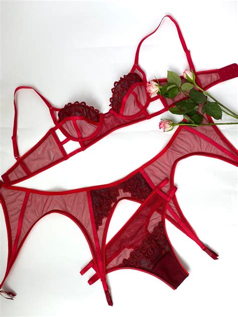 red sexy lingerie erotic lingerie sheer lingerie high waist etsy