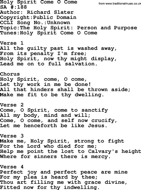 Salvation Army Hymnal Song Holy Spirit Come O Come With Lyrics And Pdf