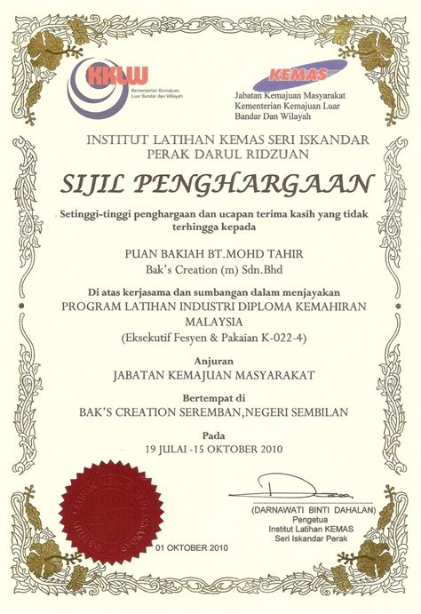 Mohd hazwan hafiz pengenalan latihan industri dan 1.1. Bak's Creation & Services Sdn. Bhd.: SIJIL -SIJIL PENGHARGAAN