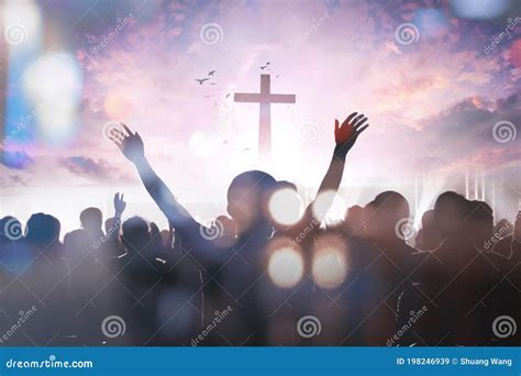 Christian People Group Raise Hands Up Worship God Jesus Christ Together