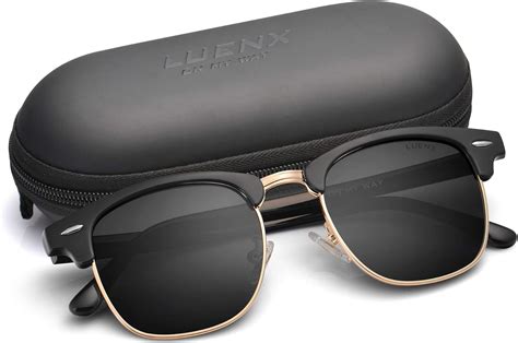 Mens Womens Clubmaster Polarized Sunglasses Uv 400 Black Lens Glossy Black Frame 53mm By Luenx
