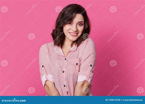 Indoor Shot Of Pleasant Looking Fashionable Woman With Stylish Haircut