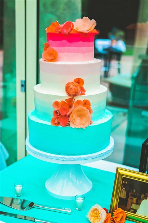 Bright Colorful Ombre Painted Wedding Cake In Blue And Pink With