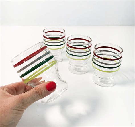Set Of 4 Vintage Libbey Color Striped Juice Glasses Red Green Colored Bands Stackable