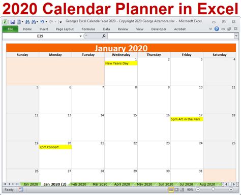 Georges Excel Calendar Year 2020 Excel Calendar Yearly Calendar