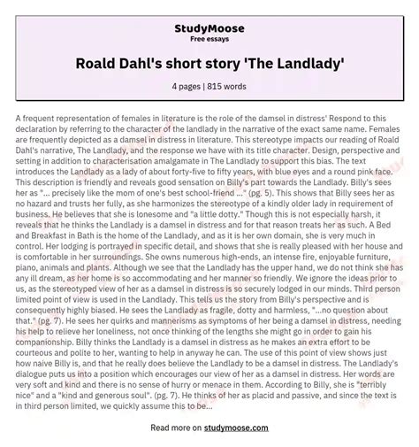Roald Dahl S Short Story The Landlady Free Essay Example