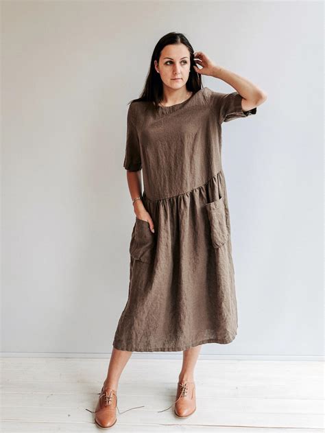 Loose Linen Dress Jane With Pockets Midi Length Dress Linenbee