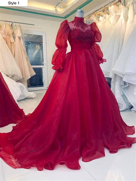 Hot Red Long Or Short Sleeve Tulle Ball Gown Weddingprom Dress With