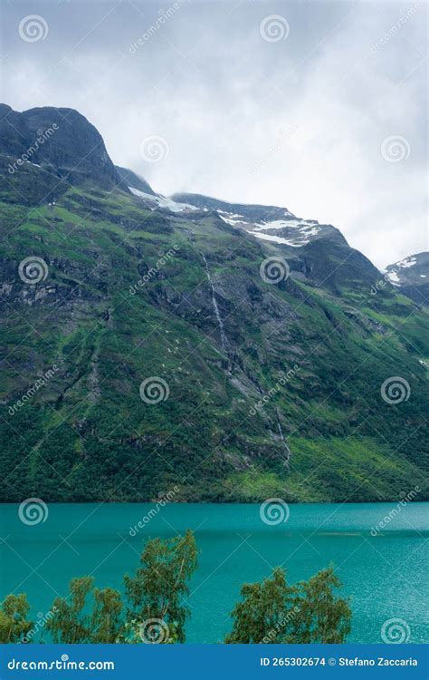 View Of The Jostedalen Glacier Melting Over The Lovatnet Lake Norway