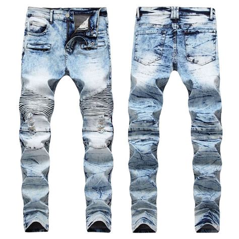 2020 Fashiondesigner Mens Ripped Biker Jeans Leather Patchwork Slim Fit