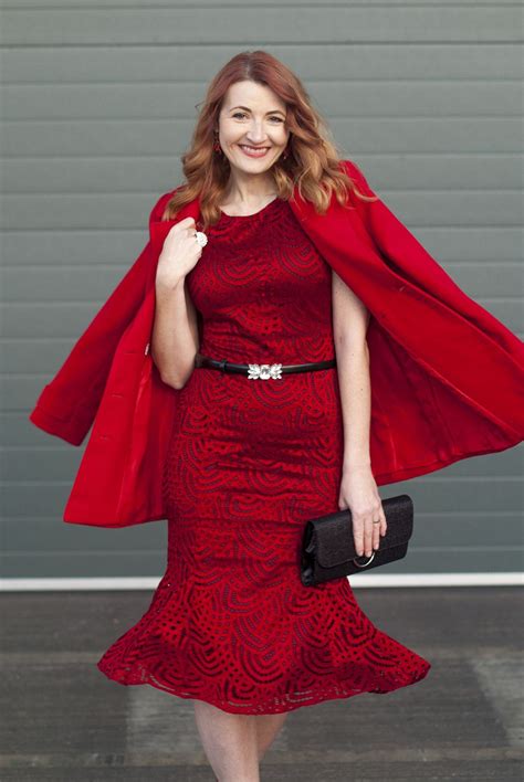 Christmas Party Or New Year S Eve Party Outfit Red Lace Midi Dress With Red Pea Coat And Red