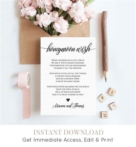 Honeymoon Wish Printable Card Wedding Wishing Well Insert Etsy