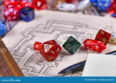 Colorful Tabletop Role Playing Rpg Game Dices On Hand Drawn Dungeon Map