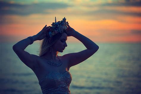 Mermaid Sea Queen Maiden At Sunset Water Ocean Golden Sky Shell