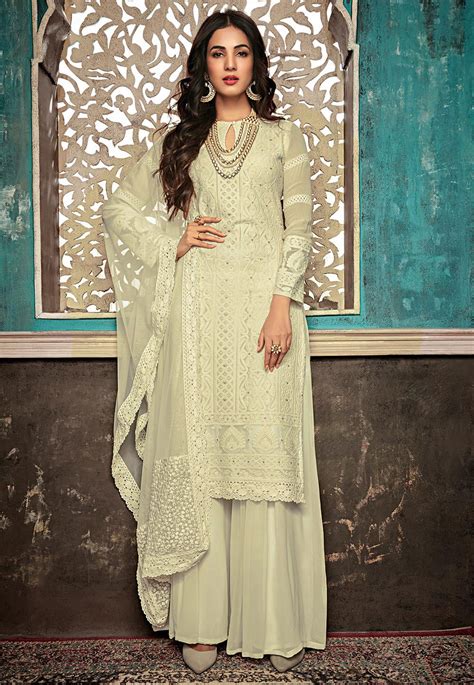 Buy Embroidered Georgette Pakistani Suit In Off White Online Kch3719