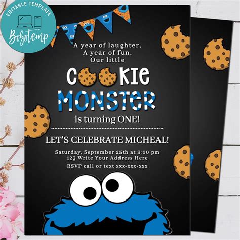 Editable Cookie Monster Invitation First Birthday Digital File