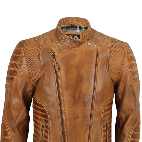 Mens Real Soft Leather Quilted Panel Retro Designer Style Biker Jacket Tan Brown Ebay