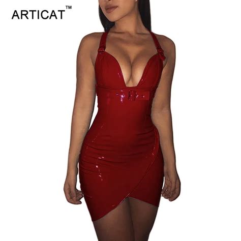 Buy Articat Halter V Neck Split Leather Dress Women Sexy Backless Cross Bandage