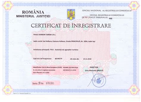 Certificat De Inregistrare Daimon Turism Daimon Turism