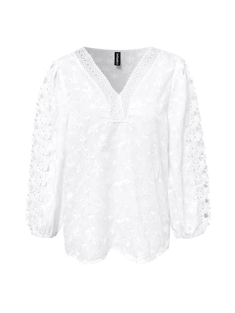 Women White Elegant Floral Hollow Out Lace Cotton Linen Long Sleeve Blouse Roselinlin