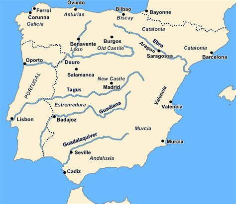 Map Spain Rivers With Cities Historia De España Ebro Cádiz