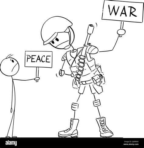Civilian And Armed Soldier Peace And War Vector Cartoon Stick Figure