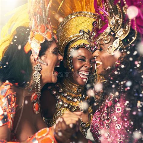 feeling those brazilian beats three beautiful samba dancers performing at carnival stock image