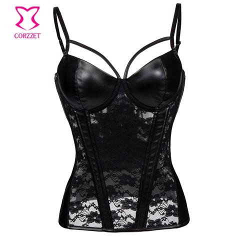 Black Floral Lace And Faux Leather Corset Top With Straps Cut Out Bra Push Up Corsets And Bustiers