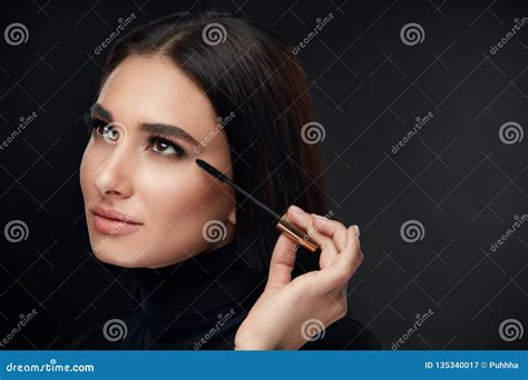 Beauty Makeup Woman Face With Eyelashes Applying Black Mascara Stock