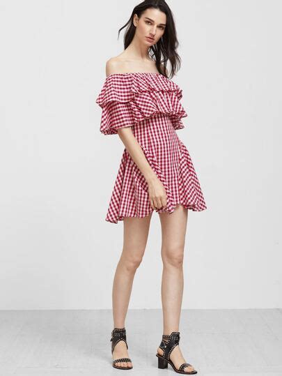 Red And White Gingham Off The Shoulder Layered Ruffle Dress Shein