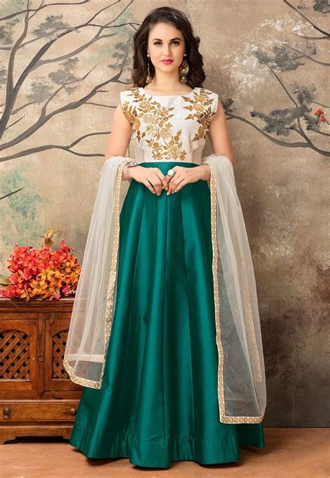 Embroidered Art Silk Abaya Style Suit In Teal Green And Off White Kch484 Indian Anarkali