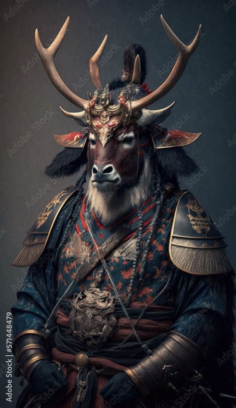 Majestic Animal Reindeer Shogun In Samurai Armor A Depiction Of