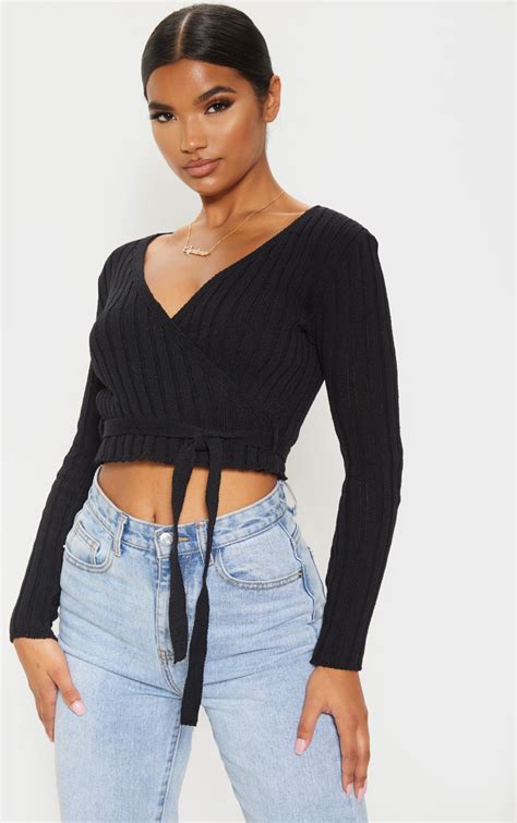 Black Ribbed Knit Wrap Front Top Knitwear Prettylittlething Ca