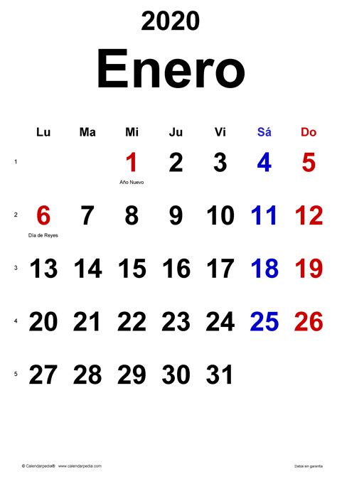 Calendario Enero 2020 En Word Excel Y Pdf Calendarpedia