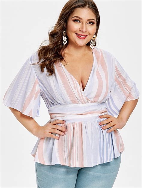 Wipalo Plus Size Plunging Neck Striped Panel Blouse Half Flare Sleeves High Waist Ruffles Trim