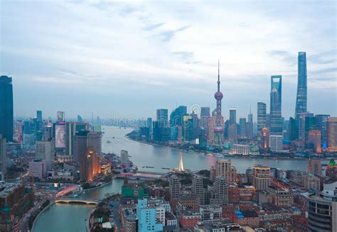Aerial Photography At Shanghai Bund Skyline Of Dusk Stock Image Image