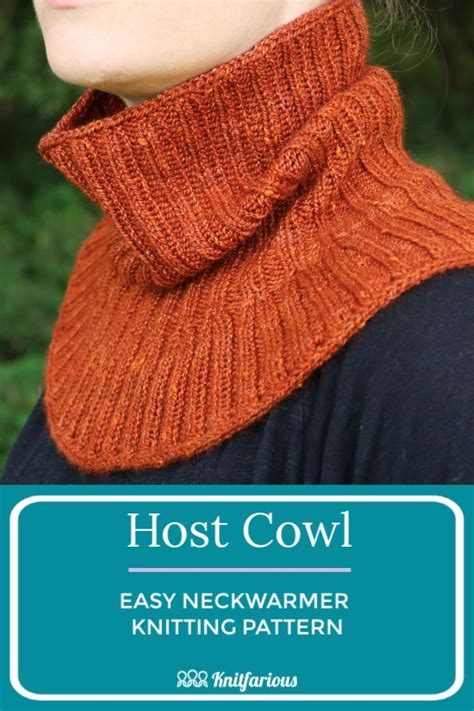 A Woman Wearing An Orange Knitted Cowl With The Text Easy Neck Warmer