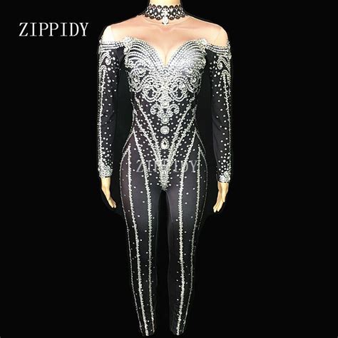 Black Bright Silver Crystals Jumpsuits Sexy Rhinestones Bodysuit Stage