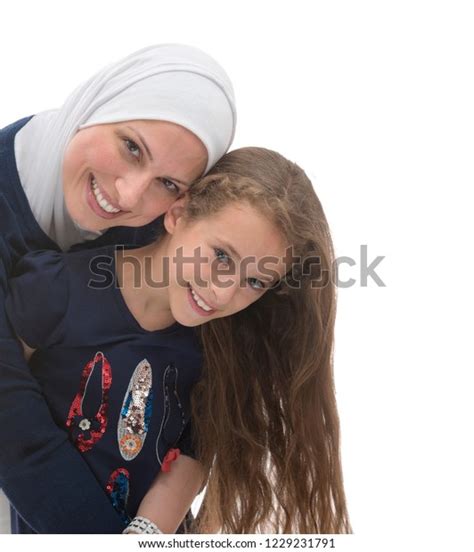 Happy Muslim Mother Daughter Isolated On Stock Photo 1229231791