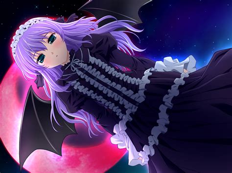 Anime Wallpaper Green Eyes Game Cg Purple Hair Night Demon Girl Bat