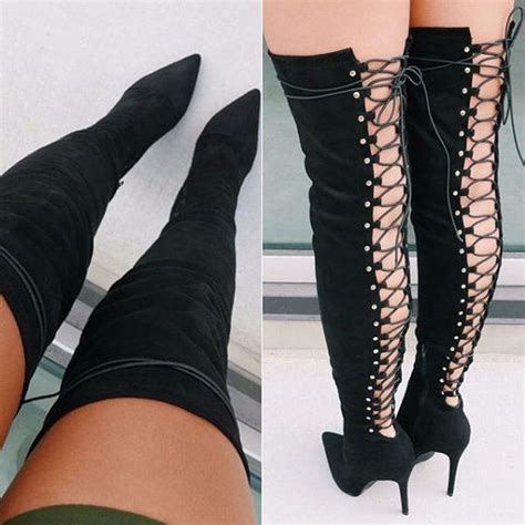 2017 Women Suede Lace Up Over The Knee Boots Fashion Gladiator Cross