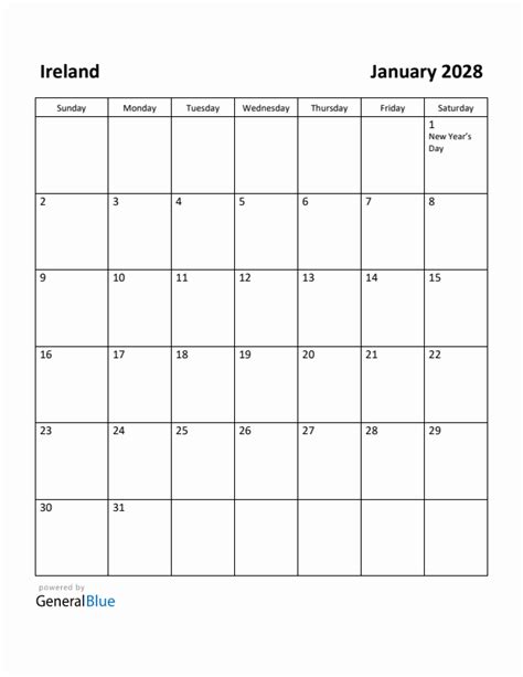 Free Printable January 2028 Calendar For Ireland