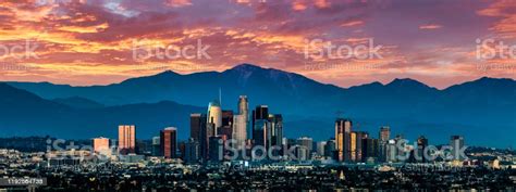 Los Angeles Skyline Sunset Stock Photo Download Image