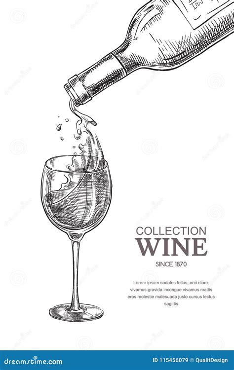 Wine Pouring From Bottle Into Glass Sketch Vector Illustration Hand Drawn Label Design