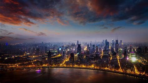 Cityscape Of Shanghai Buildings With Lights Under Black Cloudy Sky Hd