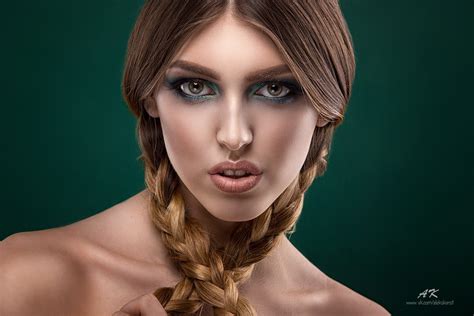 Women Face Portrait Makeup Simple Background Bare Shoulders Braids Long Eyelashes Brunette
